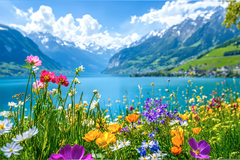 Frühling in den Bergen mit Seeblick