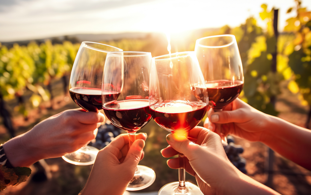 Freunde stoßen tagsüber im Freien auf Wein in einem Weinberg an. 