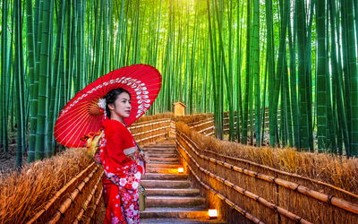 Frau in Kimono mit rotem Schirm auf Bambusweg.