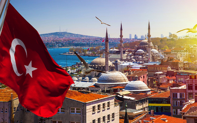 Türkische Flagge weht über der Skyline von Istanbul mit Moscheen und Vögeln im Hintergrund.